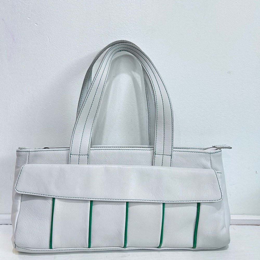 Latico Women’s  White/Gray Leather Shoulder Bag with Green Trim & Floral Lining‎